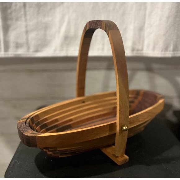 Handcrafted Wooden Collapsible Basket With Handle & Multitone Finish For Home De - Picture 1 of 9
